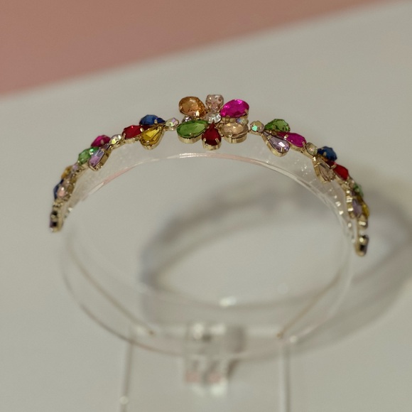 Multicolored Rhinestone Flower Faux Gold Wire Headband - Picture 3 of 4